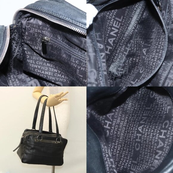 CHANEL Choco Bar Line Shoulder Bag Calf Skin Black CC Auth 117397 - Picture 14 of 15